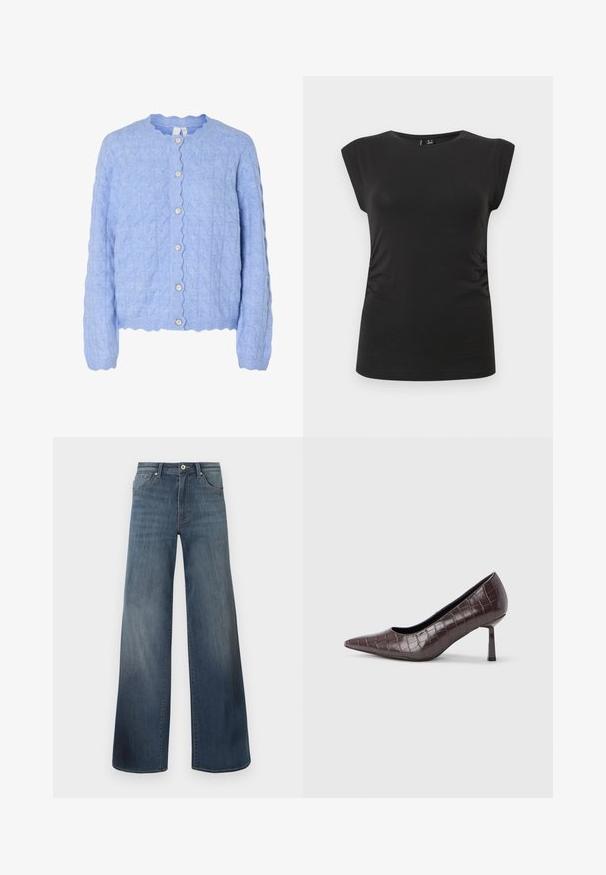Cardigan de punto azul claro con un escote en forma de concha, que presenta un patrón de trenzas y cinco botones de aspecto perlado en la parte delantera.; Top negro sin mangas, ajustado, con cuello redondo y una ligera fruncido en los laterales, mostrado sobre un fondo liso claro.; Vaqueros de pierna ancha en azul oscuro, con un acabado desgastado, cierre de botón y estilo de cinco bolsillos. Textura suave, detalles de costura mínimos.; Tacones puntiagudos de cuero sintético marrón con textura de cocodrilo, con un tacón delgado y angular y un forro interior suave.