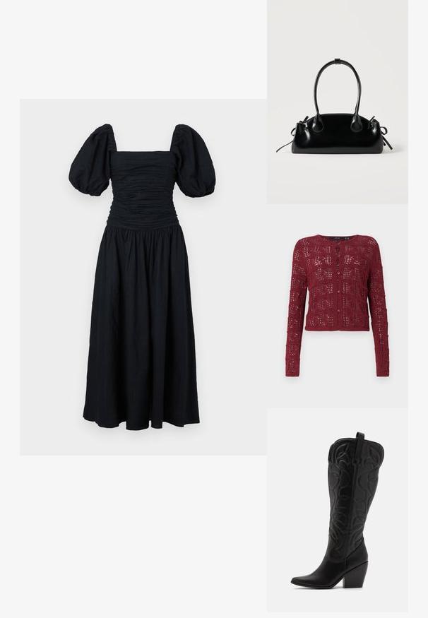 Cardigan en maille bourgogne avec un motif de points ouverts texturé, dotée d'un col rond et d'une fermeture à boutons sur le devant.; Robe noire avec un décolleté carré, un corsage froncé et des manches ballon. La jupe est froncée, créant une silhouette fluide.; Bottes hautes en cuir noir jusqu'aux genoux avec bout pointu et talon empilé. Caractéristiques de coutures décoratives et éléments de design courbés.; Petit sac à main noir brillant avec deux longues anses et des détails à cordon sur les côtés sur un fond clair uni.