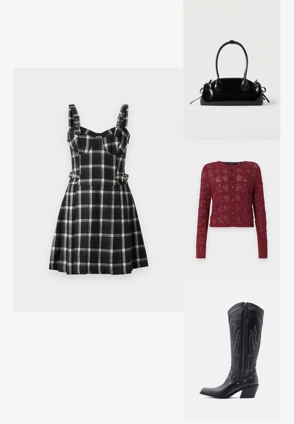 Cárdigan de punto burdeos con un patrón de tejido abierto texturizado, que presenta un escote redondo y cierre de botones en la parte delantera.; The Ragged Priest MONARCH DRESS - Vestido informal - black; Botas vaqueras de cuero negro con puntera puntiaguda, costuras visibles, detalles de tachuelas plateadas y cierre de cremallera en el lado interior.; Pequeño bolso negro brillante con dos asas largas y detalles de cordón lateral sobre un fondo claro liso.
