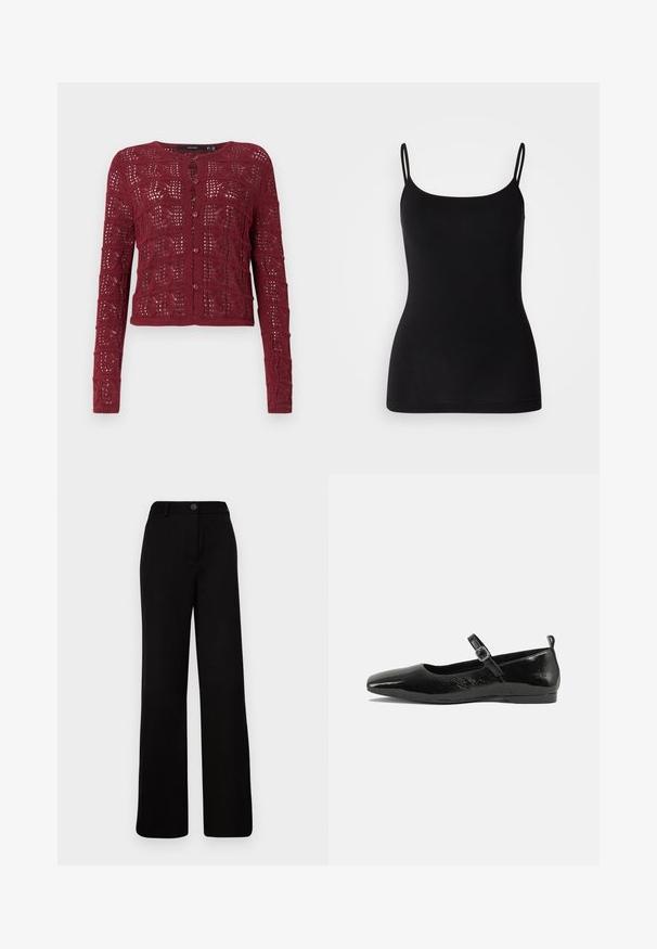 Bordeaux gebreide cardigan met een gestructureerd open steekpatroon, met een ronde halslijn en knoopsluiting aan de voorkant.; Zwarte camisole met dunne verstelbare bandjes, gladde rekstof en een aansluitende pasvorm. Geen patronen of versieringen.; Zwarte wijde broek met een platte front, knoopsluiting en gestructureerde tailleband. Gemaakt van een gladde stof met een taillerend ontwerp.; Zwarte patenten leren ballerina met een spitse neus, een enkelbandje met een gesp en een gladde, glanzende textuur. Lage hak voor comfort.