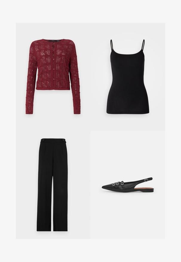 Cardigan en maille bourgogne avec un motif de points ouverts texturé, dotée d'un col rond et d'une fermeture à boutons sur le devant.; Débardeur noir avec des bretelles fines et ajustables, en tissu extensible lisse et à la silhouette ajustée. Pas de motifs ni de décorations.; Pantalons larges noirs avec un devant plat, deux boutons à la taille et une texture de tissu lisse. Coupe ajustée avec des plis pour la forme.; Chaussure plate noire en cuir avec un bout pointu, dotée de deux lanières horizontales et de boucles carrées en argent, avec un faible talon et une texture lisse.