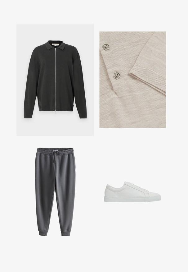 Sort langærmet strikket cardigan med krave og fuld længde sølvlynlås, let løs pasform, vist på en hvid baggrund.; Lys beige cardigan med en fin strikstruktur. Har tre metalliske knapper og ribbede manchetter for et struktureret finish.; Mørkegrå joggingbukser med elastisk talje og snøre, tilspidsede ben og ribkant ved anklerne.; Reiss REGULAR FIT - LUCA TUMBLED - Sneakers - white