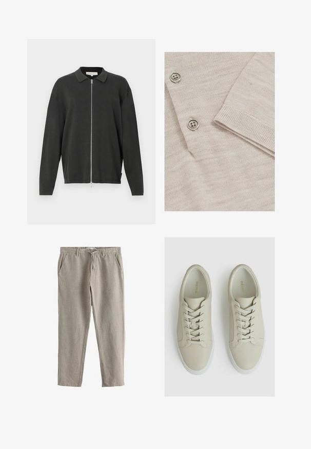 Sort langærmet strikket cardigan med krave og fuld længde sølvlynlås, let løs pasform, vist på en hvid baggrund.; Lys beige cardigan med en fin strikstruktur. Har tre metalliske knapper og ribbede manchetter for et struktureret finish.; Beige afslappede hørbukser med sidelommer, bæltestropper, knap og snørelukning.; Lys beige lædersneakers med en struktureret overflade, der har seks øjer, flade snørebånd og en hvid gummisål. Guld branding indeni.
