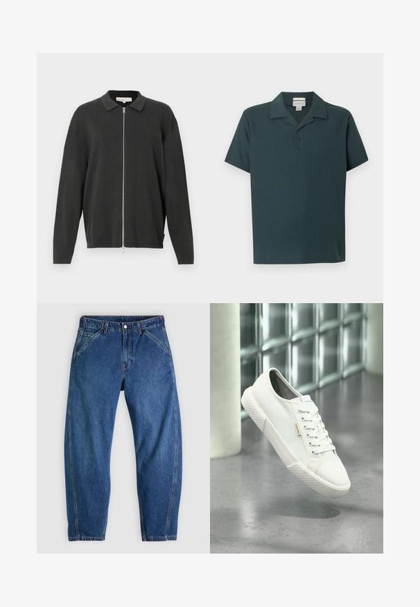 Sort langærmet strikket cardigan med krave og fuld længde sølvlynlås, let løs pasform, vist på en hvid baggrund.; Mørkegrøn herre kortærmet polo med to-knaps stolpelukning og krave, ensfarvet design, vist på hvid baggrund.; Blå denimjeans med afslappet pasform, med knaplukning, fem lommer og kontrasterende orange syninger. Glat tekstur over det hele.; Hvid Calvin Klein lavsko med snørebånd, svævende over en grå poleret gulv- og glassblokvæg baggrund.