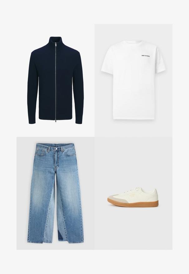 Sort ribbet lynlås sweater med høj krave og lange ærmer, udstyret med en sølv lynlås og en tætsiddende silhuet.; Hvid T-shirt med korte ærmer og teksten "OBEY STUDIOS" trykt i sort på den øverste venstre bryst.; Straight-leg blå denimjeans med klassisk fem-lomme design og forreste knaplukning, vist fladt på en neutral baggrund.; Sneaker lavet af hvid læder med en beige tåhætte og let brunt gummisål. Har flade hvide snørebånd og prægede branding på siden.