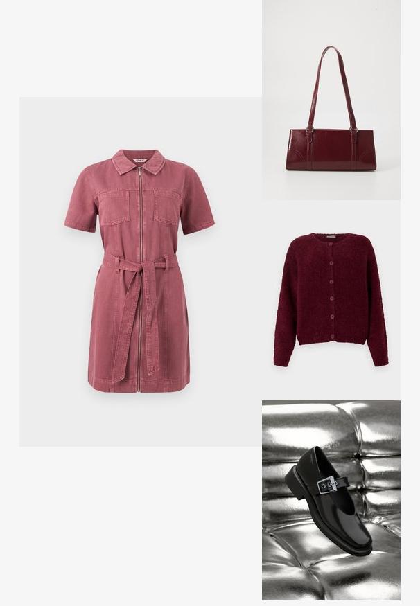 Bordeaux fuzzy knapkort cardigan med lange ærmer og rund halslinje mod en ensfarvet hvid baggrund.; Kortærmet støvet rosa denimkjole med frontlynlås, to brystlommer, krave og matchende stofbælte bundet i taljen.; Sorte læder Mary Jane sko med firkantet tå, en sølv spænde accent og en chunky lav hæl, sat mod en glansfuld sølv baggrund.; Bordeaux håndtaske lavet af glansfuldt materiale, rektangulær form, med to skulderremme og subtile buede detaljer på forsiden.