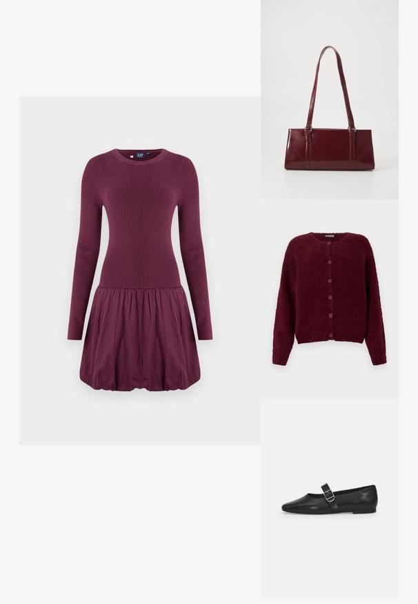 Bordeaux fuzzy knapkort cardigan med lange ærmer og rund halslinje mod en ensfarvet hvid baggrund.; Lilla kjole med ribbet overdel, lange ærmer og en rynket nederdel. Stoffet ser glat ud med en let tekstur.; Sorte læder flade sko med rund tå, et enkelt justerbart spænde og en glat, blank overflade. Minimalistisk design med en lav hæl.; Bordeaux håndtaske lavet af glansfuldt materiale, rektangulær form, med to skulderremme og subtile buede detaljer på forsiden.