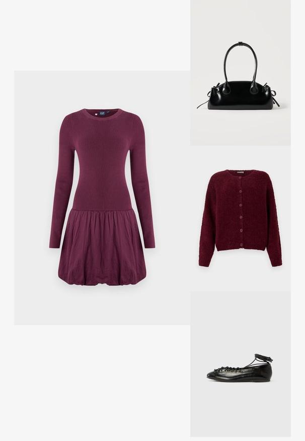Bordeaux fuzzy knapkort cardigan med lange ærmer og rund halslinje mod en ensfarvet hvid baggrund.; Lilla kjole med ribbet overdel, lange ærmer og en rynket nederdel. Stoffet ser glat ud med en let tekstur.; Sorte balletflade sko i laklæder med rundet tå, snørelukning og flad sål. Glat tekstur med få detaljer.; Lille sort blank håndtaske med to lange håndtag og snøre-detaljer i siden på en ensfarvet lys baggrund.