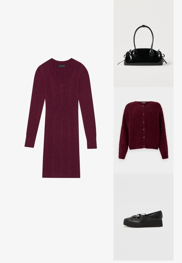 Bordeaux fuzzy knapkort cardigan med lange ærmer og rund halslinje mod en ensfarvet hvid baggrund.; Mørkerød strikket kjole med V-hals, lange ærmer, ribbede manchetter og et kabelstrik mønster over hele kjolen. Tætsiddende livdesign.; Sorte læder platform sko med en rund tå, udstyret med en flad sort sål og dekorativ sløjfelacing foran.; Lille sort blank håndtaske med to lange håndtag og snøre-detaljer i siden på en ensfarvet lys baggrund.
