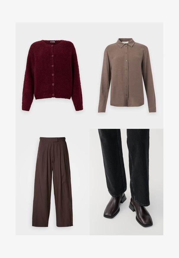 Bordeaux fuzzy knapkort cardigan med lange ærmer og rund halslinje mod en ensfarvet hvid baggrund.; Brun langærmet skjorte med spidst krave, knaplukning foran og blød tekstur. Simpelt design uden mønstre eller pynt.; Brune bukser med vide ben og høj talje, plisseret foran og med en glat stoftekstur. Har to sidelommer og et rent, skræddersyet udseende.; Brune læder ankelstøvler med firkantet tå og blokhæl, parret med sorte brede jeans. Glat tekstur og minimalistisk design.