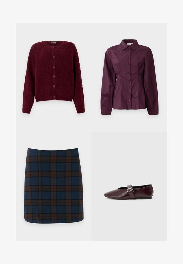 Bordeaux fuzzy knapkort cardigan med lange ærmer og rund halslinje mod en ensfarvet hvid baggrund.; Burgundy skjorte med lange ærmer, klassisk krave og plisserede detaljer ved taljen. Glat stof med subtil glans.; Marineblåternet mini nederdel med brune og grå striber, lavet af et glat stof, med en diskret slids bagpå for let bevægelse.; Bordeaux læder ballerina sko med spidse tæer, flad sål og en dekorativ spænde-strop over vristen. Glat, blank tekstur.