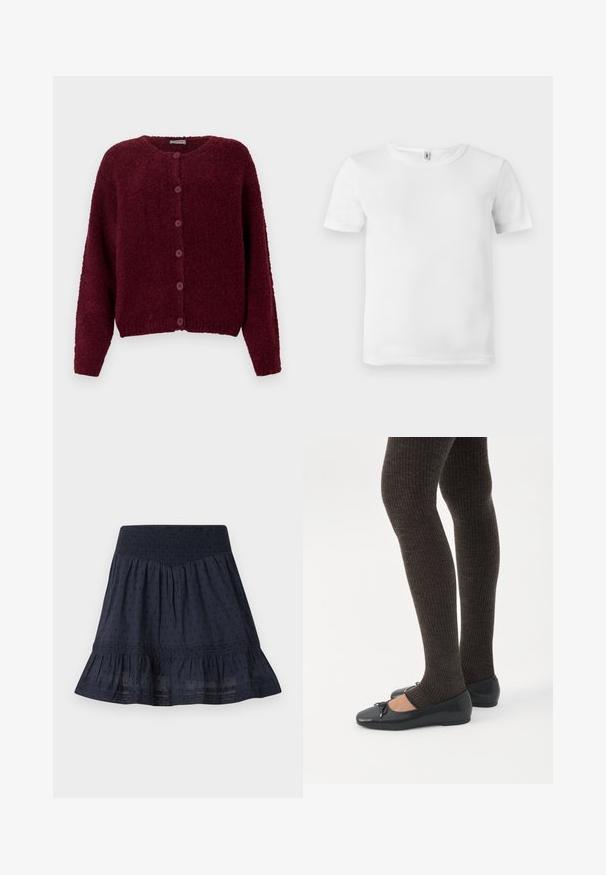 Bordeaux fuzzy knapkort cardigan med lange ærmer og rund halslinje mod en ensfarvet hvid baggrund.; Hvid kortærmet t-shirt med ribbet tekstur. Klassisk crew neckline, ingen synlige logoer eller mønstre, og et simpelt, rent design.; Navyblå knælængde nederdel med elastisk smockpåsyet talje, subtilt prikmønster og flæsekant.; Ben iført mørke ribbede leggings kombineret med sorte balletsko med små sløjfedetaljer på hvid baggrund.
