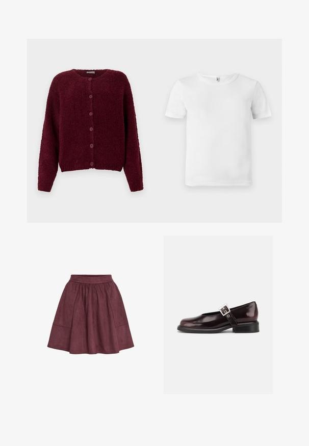Bordeaux fuzzy knapkort cardigan med lange ærmer og rund halslinje mod en ensfarvet hvid baggrund.; Hvid kortærmet t-shirt med ribbet tekstur. Klassisk crew neckline, ingen synlige logoer eller mønstre, og et simpelt, rent design.; Bordeaux ruskindsnederdel med en flagrende form, elastisk talje og to sidelommer, der har en blød tekstur og minimalistisk design.; En enkelt blank mørk burgunder Mary Jane sko med bred rem og sølvspænde, lav blokhæle og rundet tå på hvid baggrund.