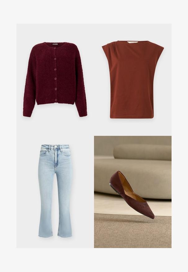 Bordeaux fuzzy knapkort cardigan med lange ærmer og rund halslinje mod en ensfarvet hvid baggrund.; Ærmeløs rustbrun top med brede skulderpuder og rund halsudskæring, lavet af blødt stof, vist på en ensfarvet baggrund.; Lyseblå high-waisted denimjeans med forreste knap og lynlås, fem lommer og let udvidede korte ben med rå kanter.; Mørkebrune ruskinds flade sko med spids tå, svævende over beige tæppe med en beige sofa i baggrunden.