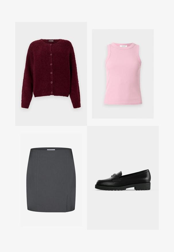 Burgundia karvane nööpidega kardigan pikkae varrukatega ja ümmarguse kaelusega, valgel taustal.; Hõlmikuta soonikkude tank-top heleroosas toonis, ümar kaelus ning väike Topshopi silt krae sees.; Envii SPLIT - Pliiatsseelik - grey; Mustadast nahast naiste loaferid, millel on jäme talla ja ülemisel osal metallist pandla detail, esitatud valgel taustal küljelt vaadates.