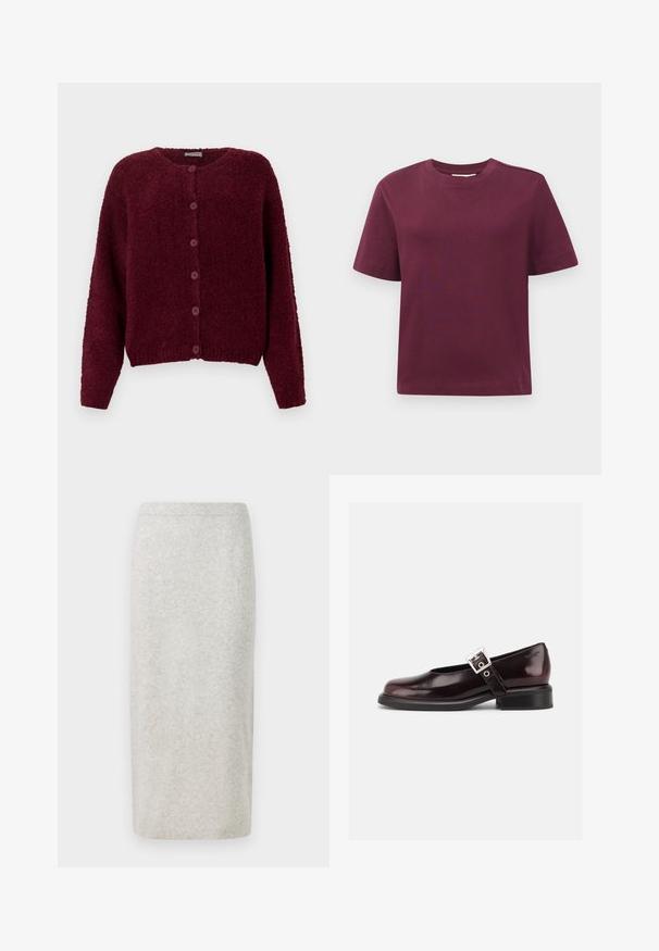 Bordeaux fuzzy knapkort cardigan med lange ærmer og rund halslinje mod en ensfarvet hvid baggrund.; Simpel T-shirt med korte ærmer og rund hals i ensfarvet mørkerød, præsenteret mod en hvid baggrund.; Strikpencilskørt i lysegrå, med en glat tekstur og tætsiddende design, afsluttet nederst med en let strækbar talje. ; En enkelt blank mørk burgunder Mary Jane sko med bred rem og sølvspænde, lav blokhæle og rundet tå på hvid baggrund.