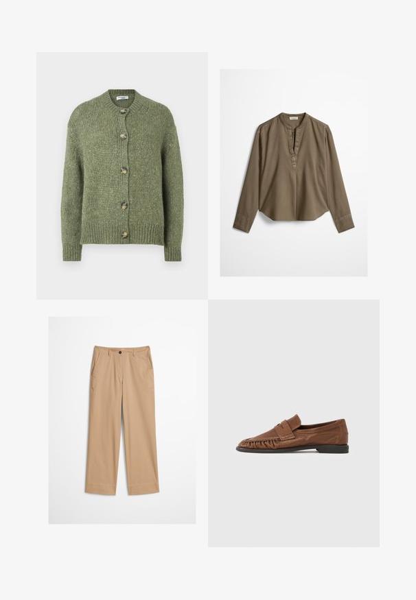 Groene gebreide cardigan met lange mouwen, ronde halslijn, geribbelde manchetten en zoom, en vijf schildpadknopen aan de voorkant.; Bruine casual blouse met lange mouwen, mandarijnkraag, plooitje aan de voorkant en licht gebogen zoom, plat uitgestald op een witte achtergrond.; Beige katoenen broek met rechte pijpen, een knoopsluiting aan de voorkant en een gladde textuur. Voorzien van standaard riemlussen en een platte voorkant.; Bruine leren mocassinschoen met een platte zool, geplooide textuur en een decoratieve band over de wreef. Rubberzool voor grip en duurzaamheid.