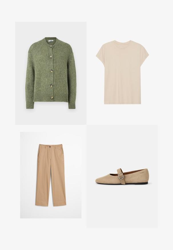 Grüner gestrickter Cardigan mit langen Ärmeln, rundem Halsausschnitt, gerippten Bündchen und Saum sowie fünf Knöpfen aus Schildpatt auf der Vorderseite.; Beige T-Shirt mit kurzen Ärmeln aus weichem Stoff, mit Rundhalsausschnitt und lockerer Passform. Glatte Textur ohne sichtbare Muster oder Akzente.; Beige Baumwollhosen mit geraden Beinen, einem vorderen Knopfverschluss und einer glatten Textur. Verfügen über normale Gürtelschlaufen und ein flaches Frontdesign.; Beige Wildleder Mary Jane Ballerinas mit spitzer Zehe und einem verstellbaren Riemen mit einer silbernen Schnalle. Schwarze flache Sohle.