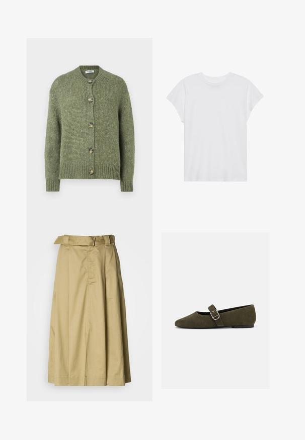 Groene gebreide cardigan met lange mouwen, ronde halslijn, geribbelde manchetten en zoom, en vijf schildpadknopen aan de voorkant.; Witte t-shirt met korte mouwen, ronde hals, relaxte pasvorm, gemaakt van zacht katoen. Glad textuur, geen patronen of logo's.; Khaki midi-rok met een bretelband, geplooid ontwerp en twee zichtbare zijzakken, gemaakt van een gladde stof met een zachte textuur.; Olijfgroene suède Mary Jane platte schoen met zilveren gespsluiting en afgeronde neus, getoond op een witte achtergrond.