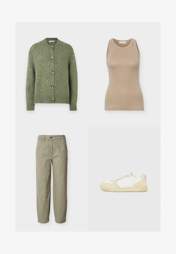 Grüner gestrickter Cardigan mit langen Ärmeln, rundem Halsausschnitt, gerippten Bündchen und Saum sowie fünf Knöpfen aus Schildpatt auf der Vorderseite.; Beige ärmelloses, tailliertes Damen-Top mit rundem Ausschnitt und Marc O'Polo Etikett auf der Rückseite des Innenkragens.; Helle Khaki-Hosen mit geradem Schnitt, Gürtelschlaufen, Knopfverschluss und Reißverschluss, vor einem schlichten Hintergrund präsentiert.; Weißer und beiger Sneaker mit Obermaterial aus Wildleder und Textil, kontrastierenden Nähten, einer Gummisohle und einem hellblauen Akzent an der Ferse.