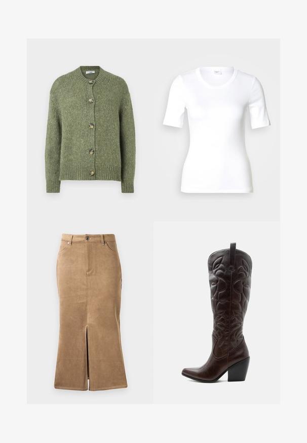 Groene gebreide cardigan met lange mouwen, ronde halslijn, geribbelde manchetten en zoom, en vijf schildpadknopen aan de voorkant.; Wit T-shirt met korte mouwen van glad katoen, met een ronde halslijn en een aangesloten pasvorm. Klassiek ontwerp, zonder patronen of accenten.; Bruine suède midi-rok met een voorzicht, contrasterende stiksels en vijf-pocketontwerp. Gladde textuur en getailleerde pasvorm.; Lange donkerbruine leren cowboylaars met gestikte decoratieve patronen, spitse neus en gestapelde blokhak.