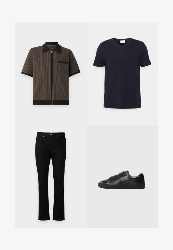 Chemise à manches courtes zippée en tissu rayé marron avec un col et une poche noirs, présentant un matériau texturé et des détails de ourlet côtelés.; T-shirt noir à col en V en coton, doté de manches courtes et d'une coupe décontractée. Design simple, sans motifs ni accents supplémentaires.; Jean en denim noir avec une coupe droite, dotée d'une taille mi-haute, de cinq poches et d'accents en métal. Texture lisse.; Baskets en cuir noir avec une texture lisse, bout rond et fermeture à lacets. Comprend une semelle en caoutchouc épaisse et un minimum de détails de marque.