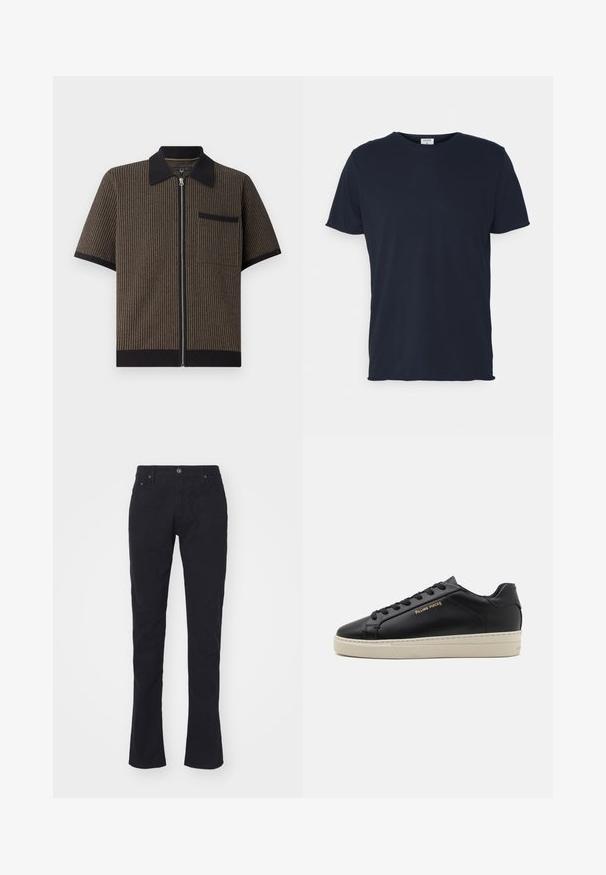 Chemise à manches courtes zippée en tissu rayé marron avec un col et une poche noirs, présentant un matériau texturé et des détails de ourlet côtelés.; T-shirt en coton bleu marine avec un col rond et des manches courtes, présentant une texture lisse et un design simple, sans motifs ni accents visibles.; Pantalon noir en coton à coupe droite, avec fermeture à bouton, deux poches avant et une texture lisse. Sans motifs ni accents.; Sneaker en cuir noir avec une finition lisse, semelle crème contrastante, bout arrondi, logo doré sur le côté et six œillets pour les lacets.