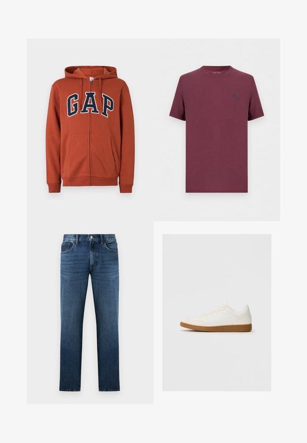 Sweat à capuche zippé couleur rouille, avec poches avant et lettres "GAP" bleu marine soulignées de blanc sur la poitrine.; T-shirt uni manches courtes col rond en bordeaux avec un petit emblème foncé sur la poitrine gauche de Pier One.; Jean en denim bleu foncé à coupe droite avec fermeture à bouton et fermeture éclair à l'avant, poches avant et arrière, présenté sur fond blanc.; Baskets blanches avec un capuchon en daim, un dessus en synthétique lisse et une semelle en caoutchouc marron. Présente des perforations sur les côtés pour une meilleure respirabilité.