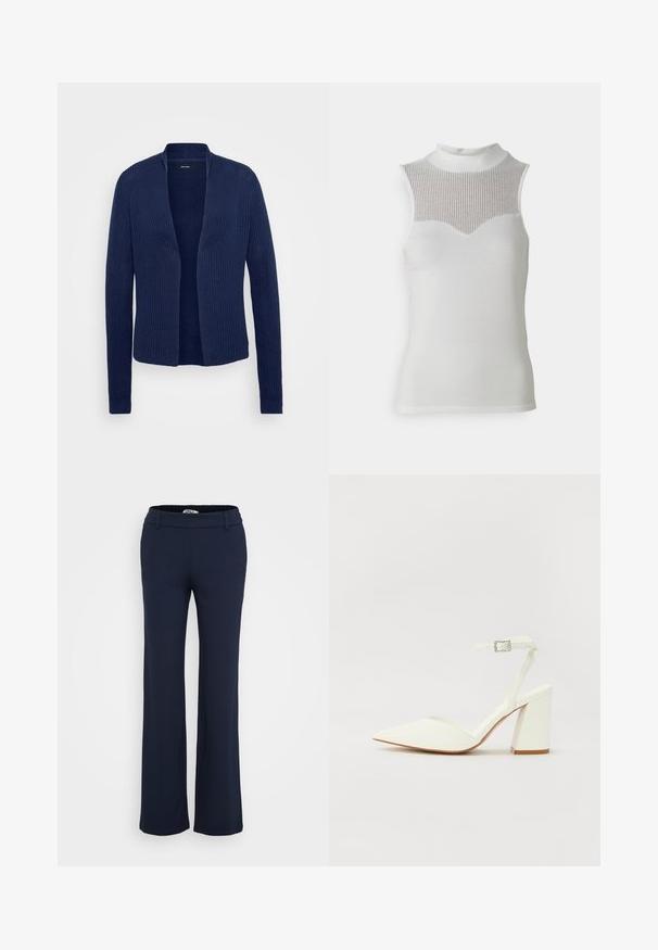 Marineblauwe cardigan met een geribbelde textuur, open voorkant, lange mouwen en geen sluitingen. Casual, lichtgewicht breimateriaal.; Witte mouwloze top met hoge hals, voorzien van een gestructureerd ribpaneel op de borst en een glad lichaam, wat een aansluitende silhouet creëert.; Marineblauwe, stretchstof broeken met een vlakke tailleband, zijzakken en een flared leg ontwerp. Soepele textuur, geschikt voor zowel casual als formele gelegenheden.; Witte hakken sandaal met een puntige neus, verstelbaar enkelbandje en een stevige vierkante hak. Gladde textuur met minimale stiksels.