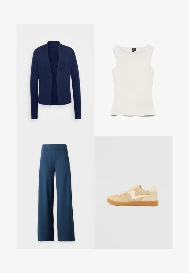 Marineblauwe cardigan met een geribbelde textuur, open voorkant, lange mouwen en geen sluitingen. Casual, lichtgewicht breimateriaal.; Witte mouwloze geribde gebreide top met boothals en aansluitende silhouet, plat gelegd op een witte achtergrond.; Marineblauwe broek met wijde pijpen, hoge tailleband en schuine zakken, weergegeven op een effen lichtgrijze achtergrond.; Beige sneaker van suede en mesh materialen, ronde vorm, opvallende gepolsterde kraag en een gumrubberen zool. Kenmerkt zich door een golvend ontwerp accent.