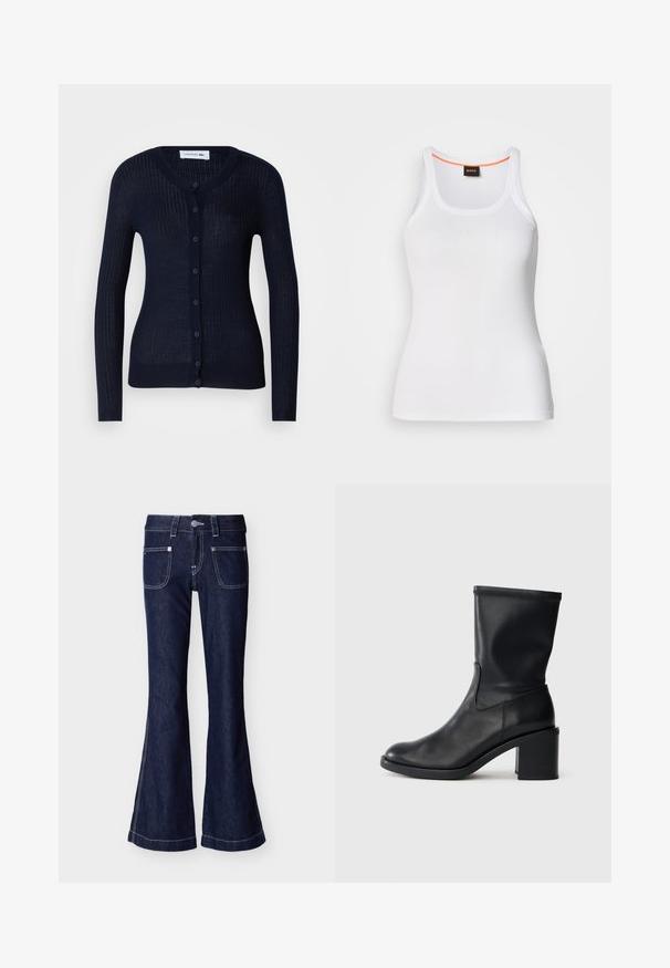 Dunkelblauer gerippter Cardigan aus leichtem Material, mit Rundhalsausschnitt, langen Ärmeln und einer durchgehenden Knopfleiste mit sechs Knöpfen.; Weißes, geripptes Tanktop mit rundem Ausschnitt, das ein schmales Trägerdesign und einen orangefarbenen Akzent entlang des inneren Ausschnitts aufweist. Markenlogo sichtbar.; Dunkelblaue, ausgestellte Jeans mit vorderen aufgesetzten Taschen, kontrastierenden weißen Nähten, Gürtelschlaufen und einem Metallknopfverschluss am Bund.; Schwarze Leder-Ankle Boots mit runder Zehenform, glatter Oberfläche und dicker Absatz, ausgestattet mit einem eng anliegenden Schaft und subtilen Nähten.
