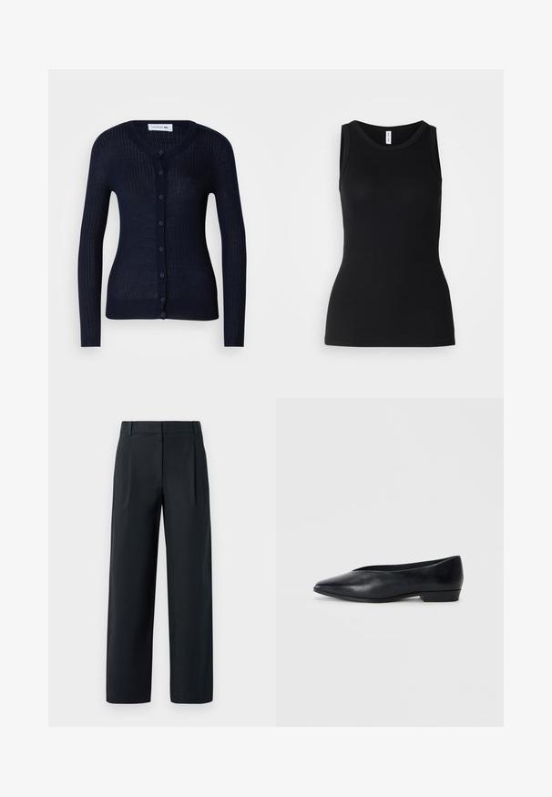 Marineblå rillede cardigan lavet af let materiale, med rund hals, lange ærmer og en fuld knappelukning med seks knapper.; Sort ærmeløs tanktop lavet af ribbet stof, med rund halsudskæring og tætsiddende design, med en glat overflade og uden mønstre.; Sorte skræddertræksbukser med lige ben-design, der har frontfolder, en glat tekstur og bæltestropper. Ingen synlige lommer.; Sorte læder flade sko med spids tå, let hævet hæl og glat overflade. Simpelt design uden synligt hardware eller mønstre.