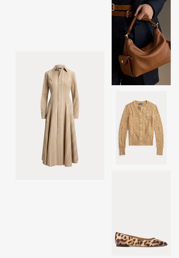 Beige kabelstrikket cardigan med rund halsudskæring, knaplukning foran og lange ærmer. Har ribbet manchetter og kant samt lille broderet logo.; Beige langærmet midi-skjortekjole med vertikale hvide og blå striber, knaplukning foran, figursyet talje og udslået nederdel.; Flad spids tå dame sko med leopard print stof og en lav mørkebrun hæl, vist i profil på en ensfarvet baggrund.; Hånd, der holder en brun læderhåndtaske med gulddetaljer, båret med et mørkt outfit med et dobbelt brunt bælte.