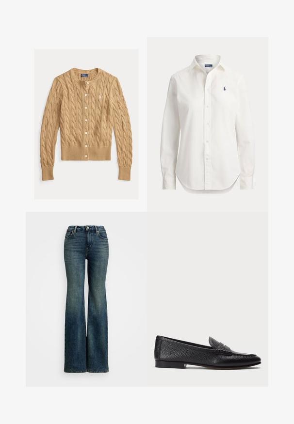 Beige kabelstrikket cardigan med rund halsudskæring, knaplukning foran og lange ærmer. Har ribbet manchetter og kant samt lille broderet logo.; Hvid langærmet skjorte med knapper, krave og lille blåt logo af en polospiller på venstre bryst.; Flaeret blå denimjeans med høj talje, der har fem lommer og syninger som accent. Stoffet har en klassisk falmet struktur.; Sorte læder loafers med struktureret finish, der har en dekorativ rem og flad hæl. Slank, minimalistisk design med rund tå.