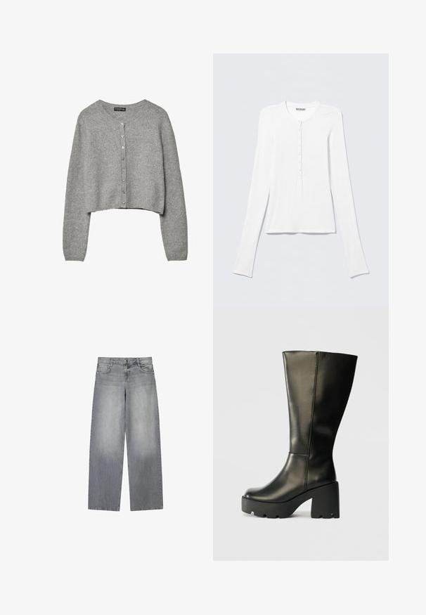 Cardigan court gris avec manches longues et encolure ronde, doté d'une fermeture boutonnée sur le devant.; Chemise Henley blanche à manches longues avec col rond et une rangée verticale de petits boutons au centre devant.; Jean en denim gris à jambes larges avec une finition légèrement décolorée, doté de cinq poches, d'une fermeture à bouton à l'avant et de passants de ceinture.; Botte noire en cuir jusqu'au genou avec un épais talon plateforme texturé noir. Présente une surface lisse et un design vertical épuré.