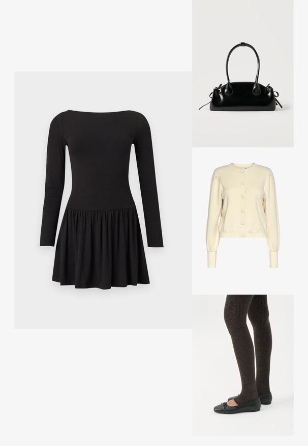 Cárdigan de punto color crema con cuello redondo, mangas largas, puños de canalé y cierre delantero con botones grandes y lisos.; Vestido negro de manga larga con corsé ajustado y falda acampanada recogida, con un escote cuadrado ancho sobre un fondo liso.; Piernas con leggings oscuros acanalados combinados con bailarinas negras que presentan pequeños detalles de lazo sobre un fondo blanco.; Pequeño bolso negro brillante con dos asas largas y detalles de cordón lateral sobre un fondo claro liso.