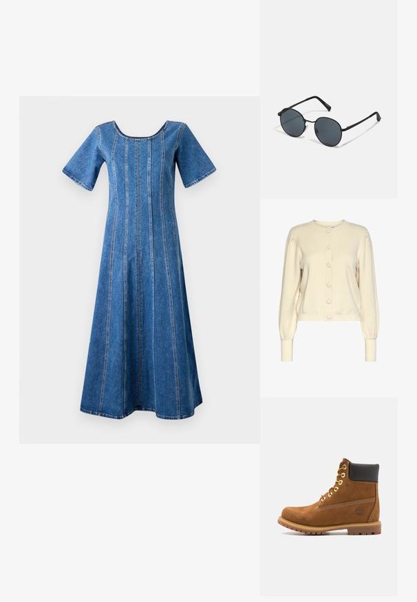 Cremefarvet strikket cardigan med rund halsudskæring, lange ærmer, ribbede manchetter og knaplukning foran med store, glatte knapper.; Object Midi Denim - Hverdagskjole - medium blue denim; Brun ruskinds ankelstøvle med sort polstret krave, gyldne øjer, snørebånd foran og gummisål med et struktureret mønster.; Sorte metal solbriller med runde linser, mørkt tonede, slanke arme og justerbare næsepuder, der har et minimalistisk design uden synlig branding.