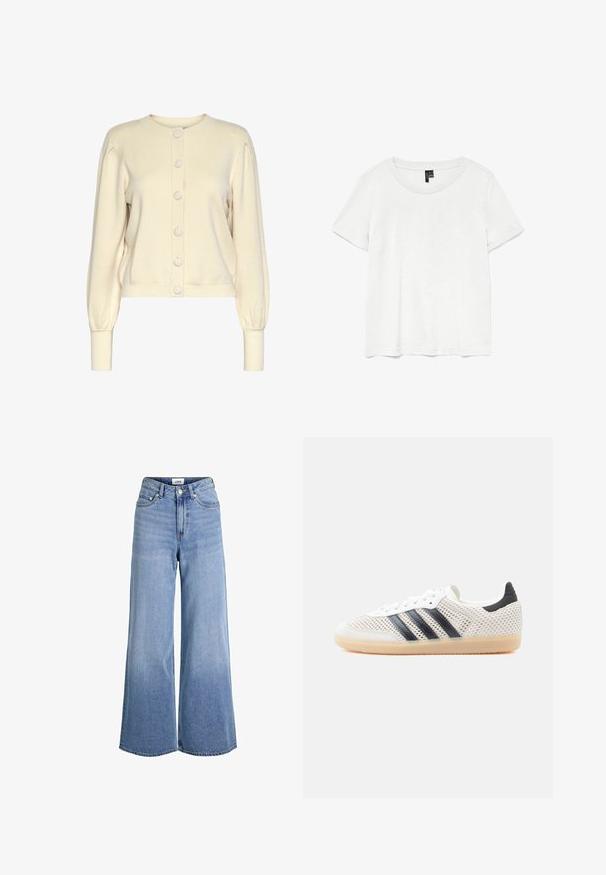 Cárdigan de punto color crema con cuello redondo, mangas largas, puños de canalé y cierre delantero con botones grandes y lisos.; Camiseta blanca de manga corta con un cuello redondo, hecha de tejido ligero. Diseño simple, textura suave y dobladillo recto.; Vaqueros de mezclilla azul claro de tiro alto y pierna ancha con botones delanteros y cremallera, pasadores para cinturón y diseño de cinco bolsillos.; Zapatillas deportivas de malla blanca con diseño de tres franjas negras, punta redondeada y suela de goma color café. Cuentan con un cuello de talón suave y cierre de cordones.