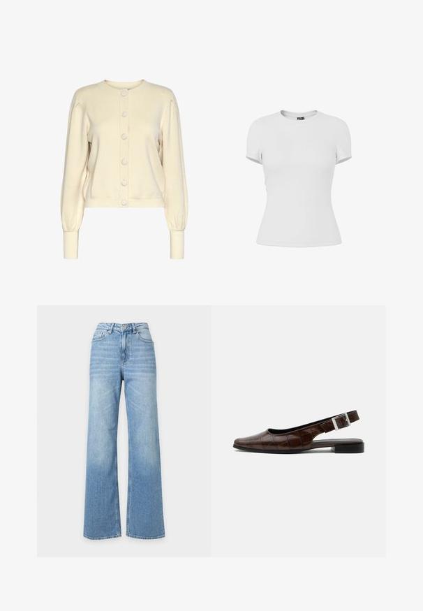 Cremefarvet strikket cardigan med rund halsudskæring, lange ærmer, ribbede manchetter og knaplukning foran med store, glatte knapper.; Plain hvid tætsiddende T-shirt med korte ærmer og rund hals, vist på en hvid baggrund.; Lyseblå jeans med høj talje og vide ben med forlommer, bæltestropper og knaplukning.; Mørkebrun læderslingback flad sko med firkantet tå, krokodille tekstur og sølvspænde på remmen.