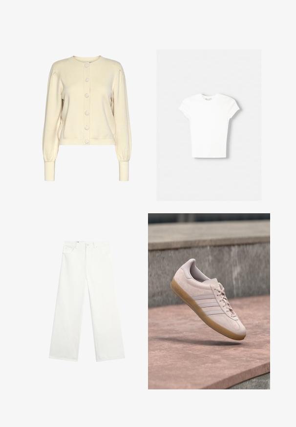 Cremefarvet strikket cardigan med rund halsudskæring, lange ærmer, ribbede manchetter og knaplukning foran med store, glatte knapper.; Hvid kortærmet t-shirt lavet af blød bomuld, med rund halsudskæring og en tætsiddende form. Ingen synlige mønstre eller udsmykninger.; Hvide bukser med vide ben, forlommer, bæltestropper og lukning med knap i taljen, vist på ensfarvet hvid baggrund.; Lyserød ruskindssneaker med sål af gummigummi. Har tre sidelister og præget "Gazelle"-branding på ydersiden.