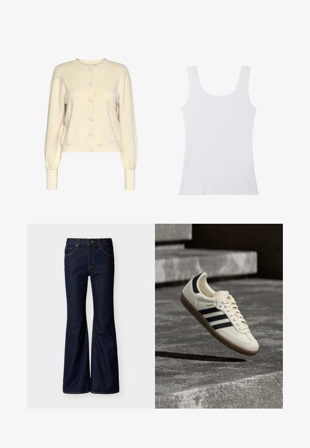 Cárdigan de punto color crema con cuello redondo, mangas largas, puños de canalé y cierre delantero con botones grandes y lisos.; Top sin mangas de color blanco simple con tirantes anchos y escote redondeado, presentado sobre un fondo blanco.; Vaqueros de mezclilla azul oscuro con piernas acampanadas, cierre frontal de botones y cremallera, y diseño de cinco bolsillos con costuras en contraste.; Zapatilla blanca Adidas Samba con franjas negras y suela de goma, flotando sobre escalones de hormigón gris texturizado.