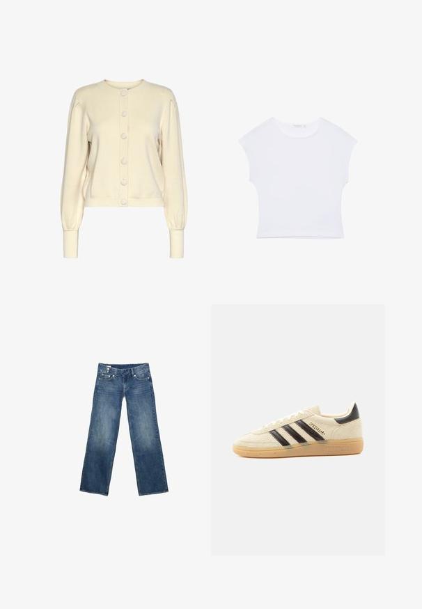 Cremefarvet strikket cardigan med rund halsudskæring, lange ærmer, ribbede manchetter og knaplukning foran med store, glatte knapper.; Hvid kortærmet cropped T-shirt med rund halsudskæring, lavet af glat stof, lagt fladt på en hvid baggrund.; Blå denimjeans med vide lige ben, forlommer og knaplukning, vist fladt på en hvid baggrund.; Kremfarvet ruskindssneaker med sorte striber, gummisål, sort hælstrop og gyldent "SPEZIAL"-tekst på siden.