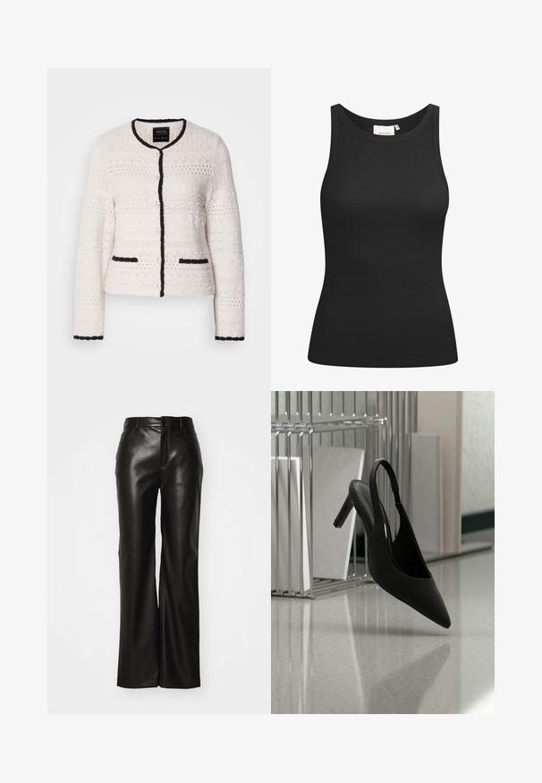 Hvid strikket cardigan med sort kant på krave, front, ærmer og lommekanter, præget af teksturerede geometriske mønstre og frontknapper.; Sort tanktop lavet af ribbet materiale, med en scooped halsudskæring og en tætsiddende form. Flade sømme og ingen udsmykninger. Enkel og strømlinet design.; Sorte bukser i bredt snit af imiteret læder med en glat tekstur, lynlås foran og bæltestropper; minimalistisk design uden synlige mønstre eller detaljer.; Sort spids tå slingback højhælet sko svævende i luften over en skinnende gulv med stablede ringbind i baggrunden.