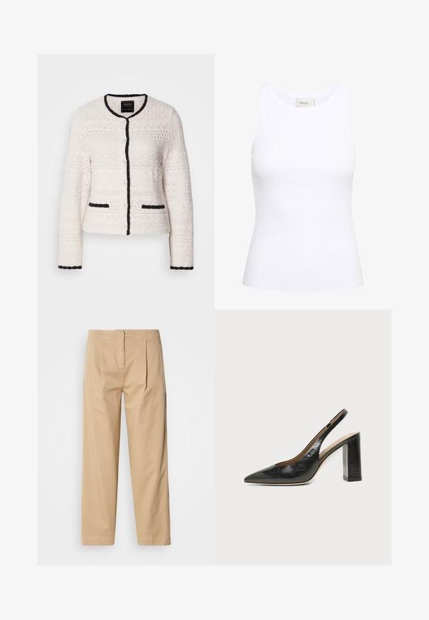 Hvid strikket cardigan med sort kant på krave, front, ærmer og lommekanter, præget af teksturerede geometriske mønstre og frontknapper.; Hvid ribbet tanktop med rund halsudskæring og uden ærmer. Strækbart stof og tætsiddende design. Etiketten bagpå viser "GESTUZ."; Beige bomuldsbukser med en afslappet pasform, der har to frontfolder, en lige ben-konstruktion og en klassisk knaplukning i taljen.; Sort læder peep-toe slingback sko med høj blokhæl og beige indvendig foring mod en ensfarvet lys baggrund.