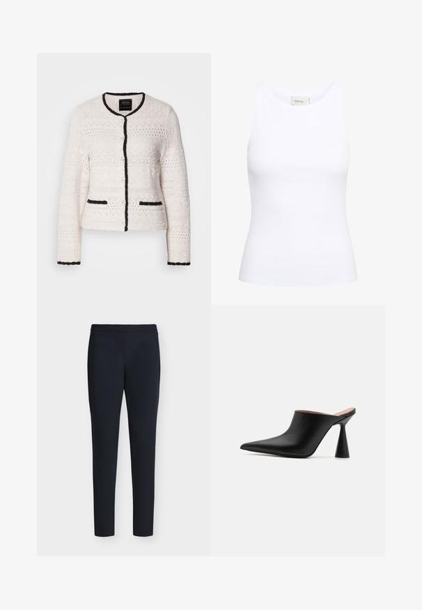 Cardigan blanc tricoté avec des bordures noires au col, à l'avant, aux poignets et aux bords des poches, présentant des motifs géométriques texturés et des boutons à l'avant.; Débardeur blanc côtelé avec un col rond et sans manches. Tissu extensible et design ajusté. Étiquette au dos indiquant "GESTUZ."; Pantalon noir slim longueur cheville avec ceinture cousue et sans poches visibles, présenté sur un fond clair uni.; Mules en cuir noir avec un bout pointu et un talon conique unique. Texture lisse et design minimaliste, à dos ouvert pour un enfilage facile.
