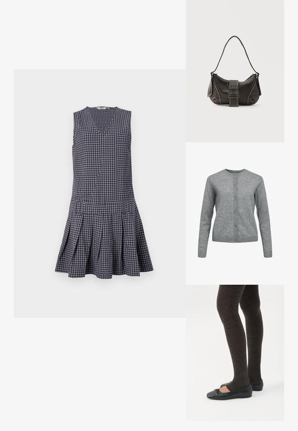 Cardigan en tricot gris avec col rond, manches longues et fermeture à boutons. Présente des poignets et un ourlet côtelés avec une texture douce et lisse.; Robe à carreaux bleu marine avec un décolleté en V, sans manches, jupe plissée et taille structurée. Fabriquée en tissu léger.; Jambes portant des leggings côtelés foncés associés à des ballerines noires avec de petits détails en nœud sur fond blanc.; Sac à épaule en cuir noir avec une sangle à boucle, des bords arrondis et des coutures blanches contrastées sur un fond uni.