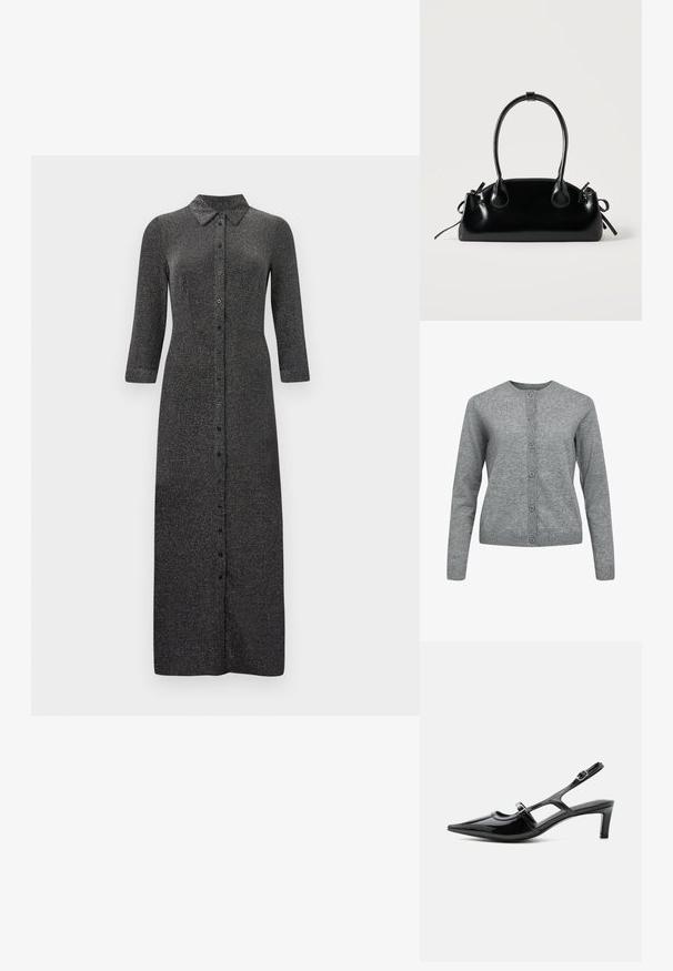 Cardigan en tricot gris avec col rond, manches longues et fermeture à boutons. Présente des poignets et un ourlet côtelés avec une texture douce et lisse.; Robe boutonnée longue de couleur gris foncé avec des manches trois-quarts et un col pointu, présentée sur un fond uni.; Chaussure slingback en cuir verni noir à bout pointu, petit talon et deux brides réglables avec boucles, vue de profil latéral.; Petit sac à main noir brillant avec deux longues anses et des détails à cordon sur les côtés sur un fond clair uni.