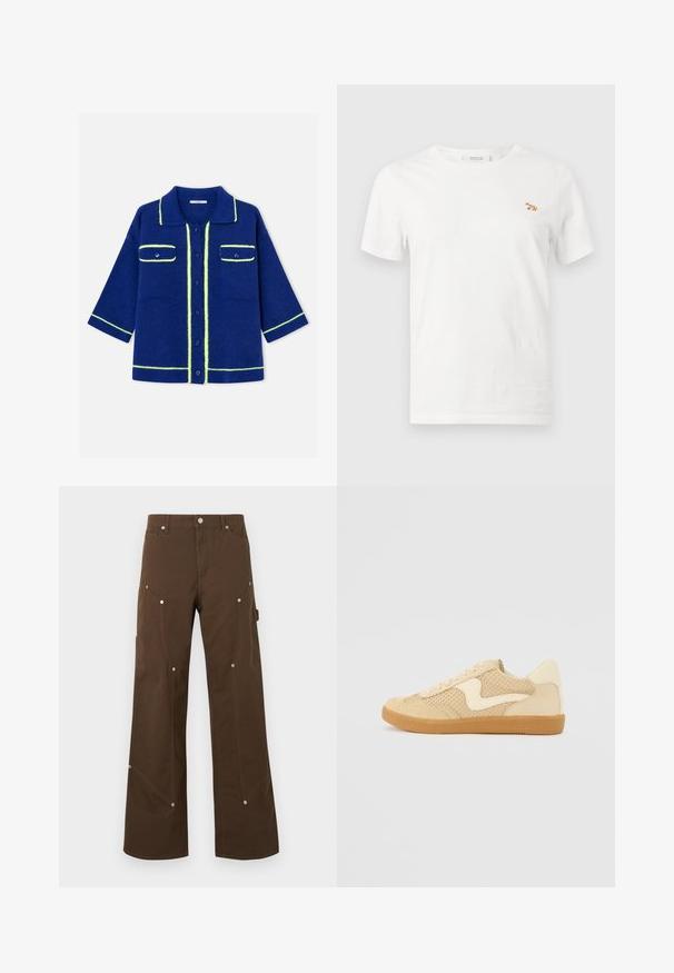 Cardigan en maille bleu marine avec bordure jaune néon, boutonnage sur le devant, deux poches à rabat sur la poitrine et manches trois-quarts.; T-shirt blanc à manches courtes et col rond avec un petit renard orange brodé sur la poitrine gauche.; Pantalon droit marron avec poches avant et latérales, rivets argentés, passants de ceinture et fermeture par bouton sur fond blanc.; Sneaker beige avec des matériaux en daim et en maille, forme arrondie, col rembourré proéminent et semelle en caoutchouc gomme. Présente un accent de design en forme de vague.