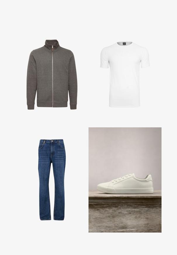 Hall gray zip-up jakk, millel on kõrge kaelus, külgtaskud ja soonikkoes mansetid. Valmistatud pehmest kangast, puhta ja minimalistliku disainiga.; Loodusvalge lühikeste varrukatega ümmarguse kaelusega t-särk valgel taustal, esitades esivaatet, kus on nähtav brändi silt kaeluses.; Tumedast sinisest teksapüksist sirge sääre lõikega, millel on ees taskud, vöömedalid ja lukuga sisselõige koos nööbiga kinnitamine.; Valged nööpidega ketsid, mis hõljuvad puidust pingil rohelise lehestiku taustal, näidates uue disaini ja tekstuuri.