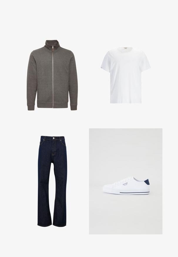 Hall gray zip-up jakk, millel on kõrge kaelus, külgtaskud ja soonikkoes mansetid. Valmistatud pehmest kangast, puhta ja minimalistliku disainiga.; Valge lühikeste varrukatega T-särk, mis on valmistatud puuvillast. Omab ümmargust kaelust ja diskreetset logo ees. Sile tekstuur ja mugav lõige.; Tumesinised sirgetega teksapüksid esiohvri, tõmbluku, vööaasade ja esitaskutega.; Valged kangast tennisetossud, sinise kandilise aktsendiga, tasasest kummist tallaga, ümarate varvastega ja valgete paeltega. Küljel on logo.